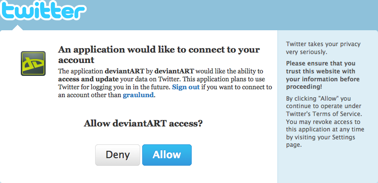 Allow deviantART access to Twitter?